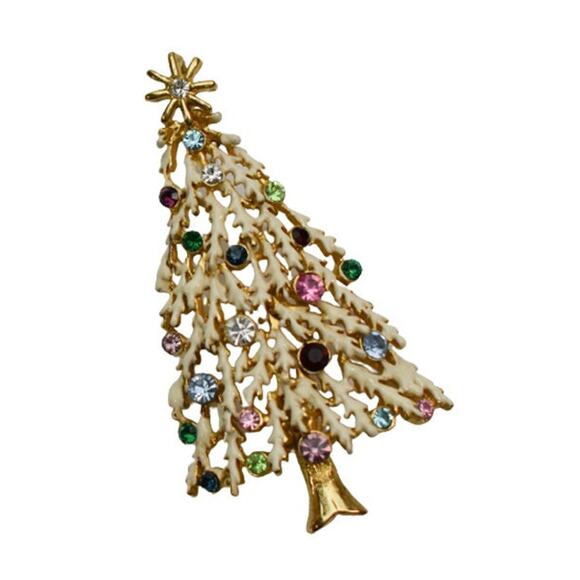 1980s Gold Plate Multi Colored Rhinestones White Enamel Christmas Tree Pendant - Picture 3 of 4